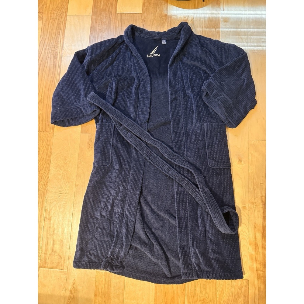 Vintage 90s Nautica Mens Robe One Size Navy Blue Turkish Cotton Terry Belted
